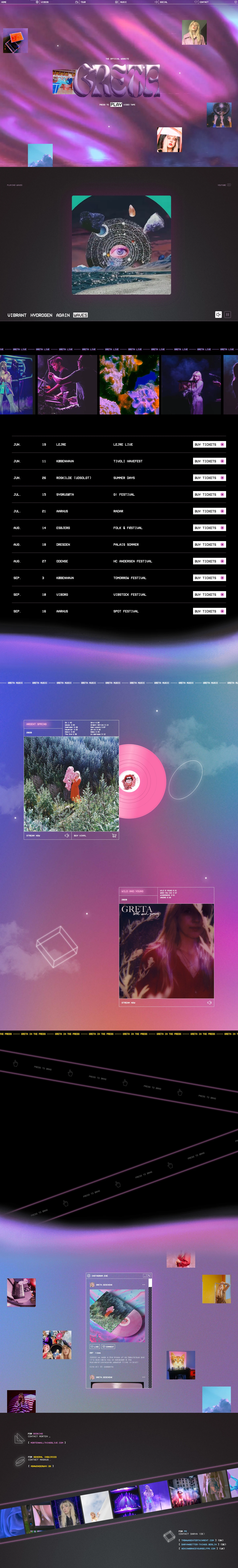 GRETA Landing Page Example: You’re about to experience some weird and wonderful things. Explore the musical universe of GRETA, listen to the latest releases and find your next concert.