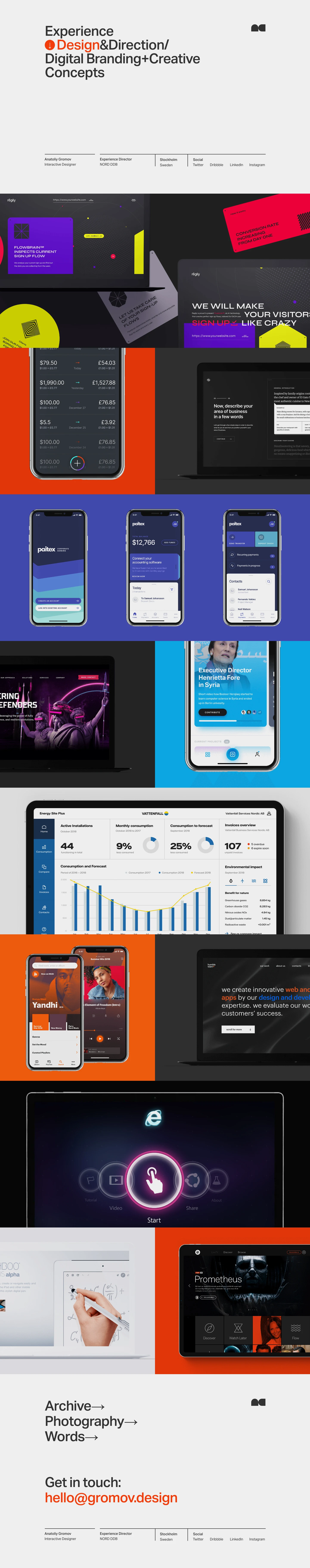 Anatoliy Gromov Landing Page Example: Experience design & Direction/Digital branding + Creative concepts.