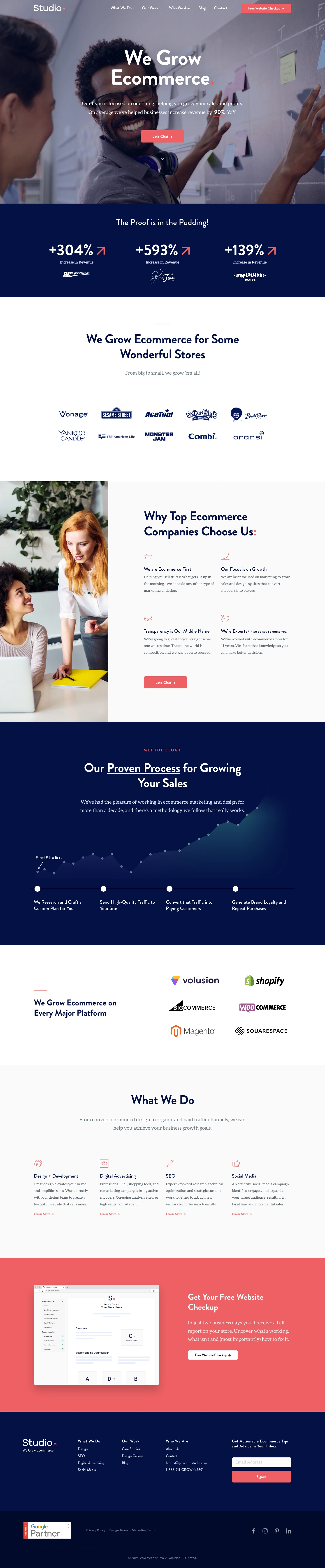 Grow with Studio Landing Page Example: Howdy, welcome to Grow with Studio! Our services result in a 90% average YoY revenue growth for our clients. Our team is focused on one thing: helping you grow your sales and profits