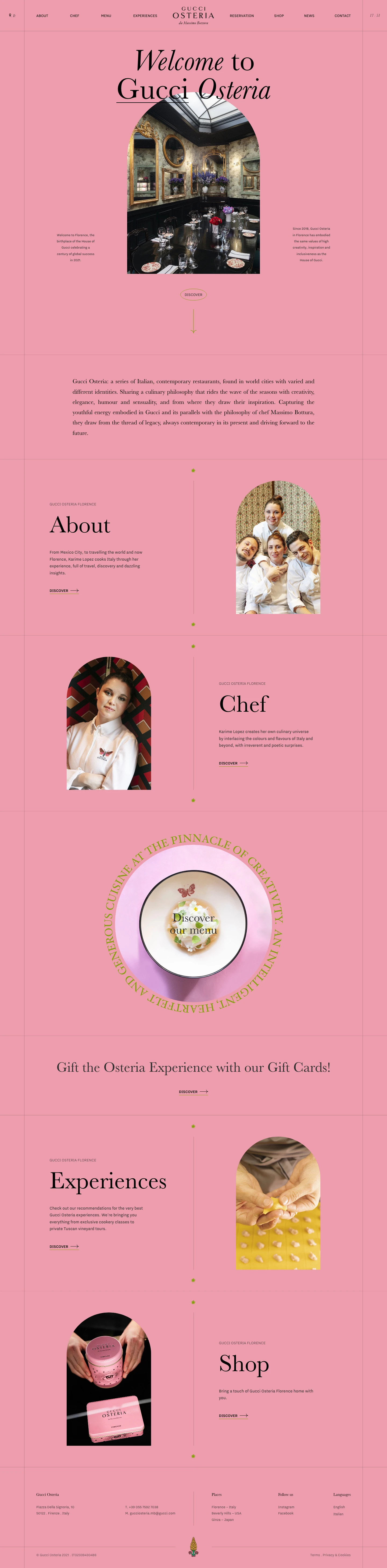 Gucci Osteria Landing Page Example: Gucci Osteria: a series of Italian, contemporary restaurants, found in world cities with varied and different identities. Sharing a culinary philosophy that rides the wave of the seasons with creativity, elegance, humour and sensuality, and from where they draw their inspiration. Capturing the youthful energy embodied in Gucci and its parallels with the philosophy of chef Massimo Bottura, they draw from the thread of legacy, always contemporary in its present and driving forward to the future.