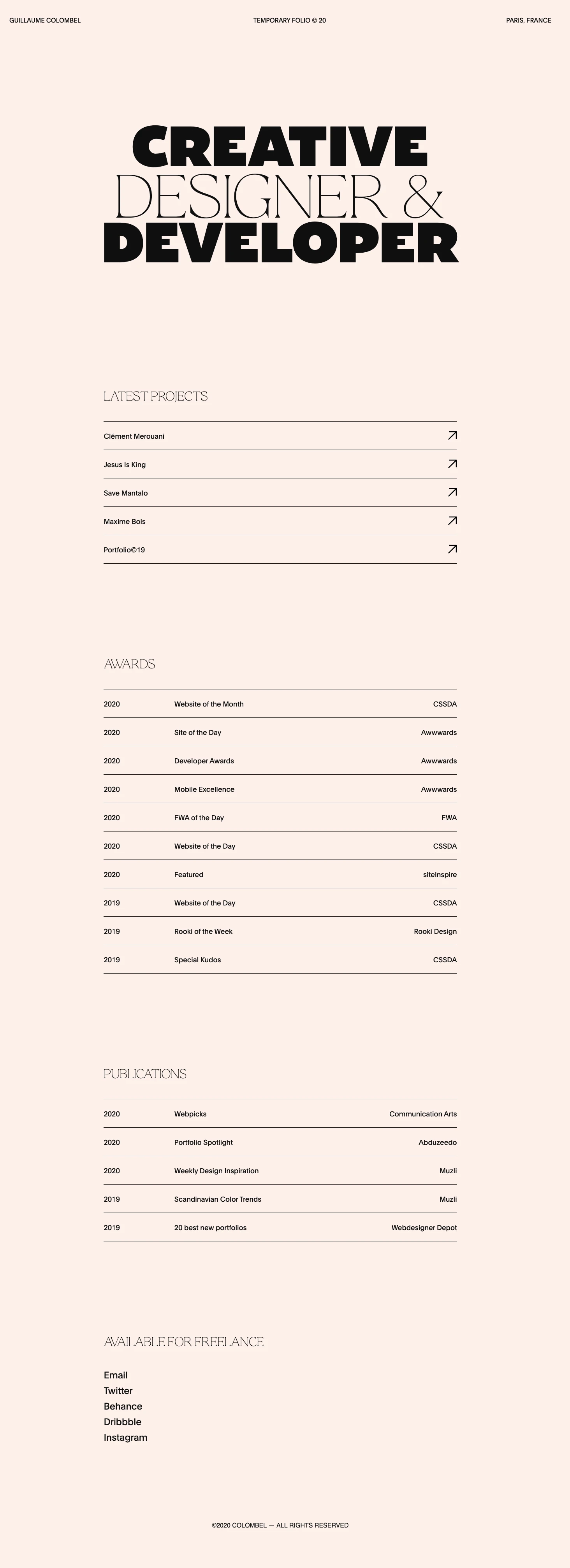 Guillaume Colombel Landing Page Example: Guillaume Colombel is a Creative Designer & Developer, based in Paris, France.