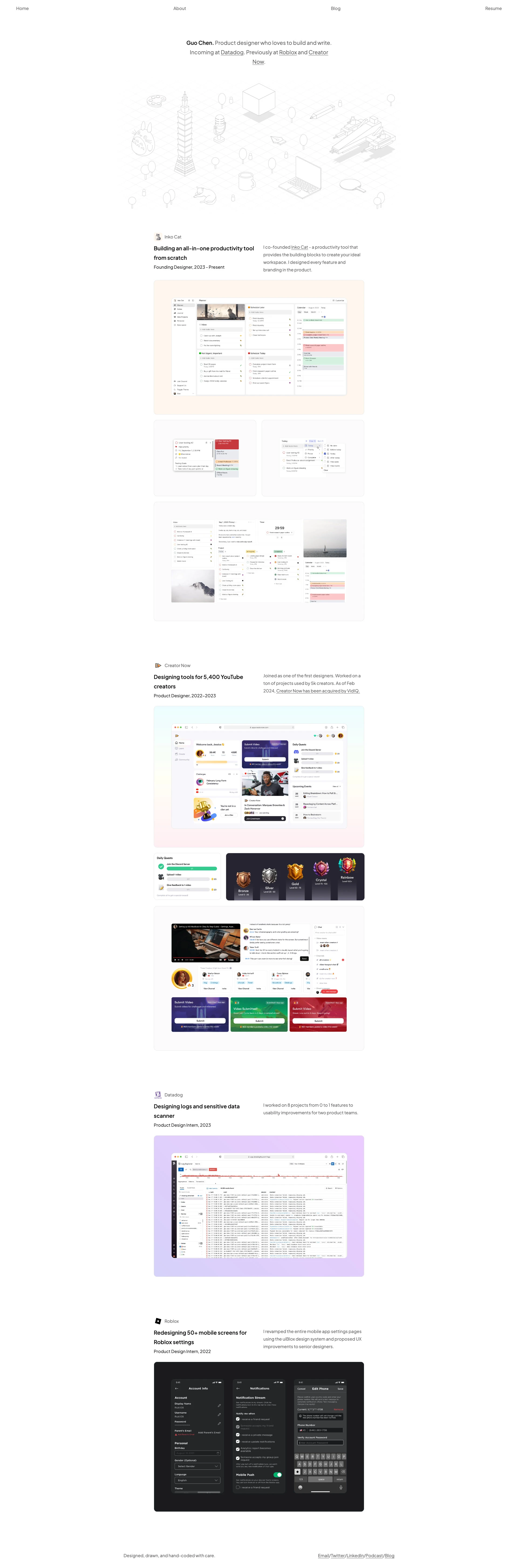 Guo Chen Landing Page Example: Product designer who loves to build and write. Incoming at Datadog. Previously at Roblox and Creator Now.