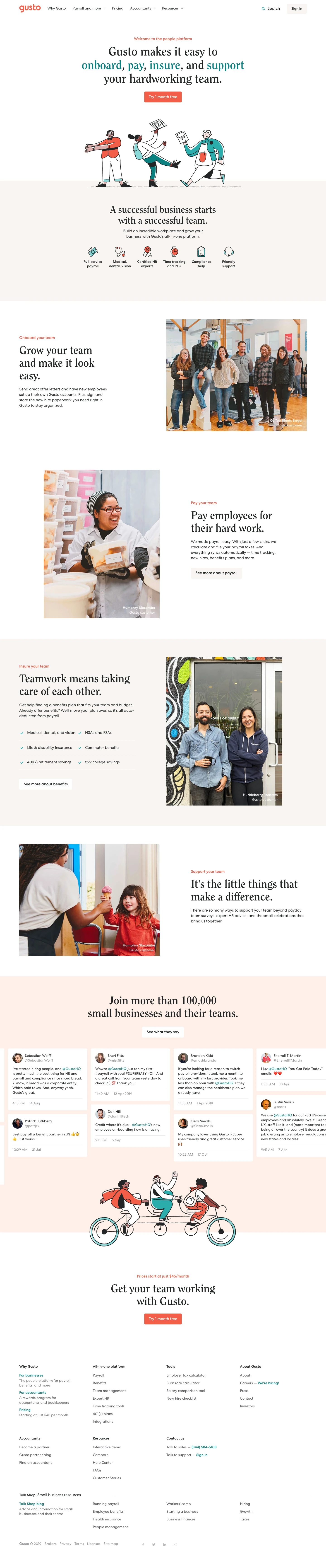 Gusto Landing Page Example: Gusto’s people platform helps businesses like yours onboard, pay, insure, and support your hardworking team. Payroll, benefits, and more.