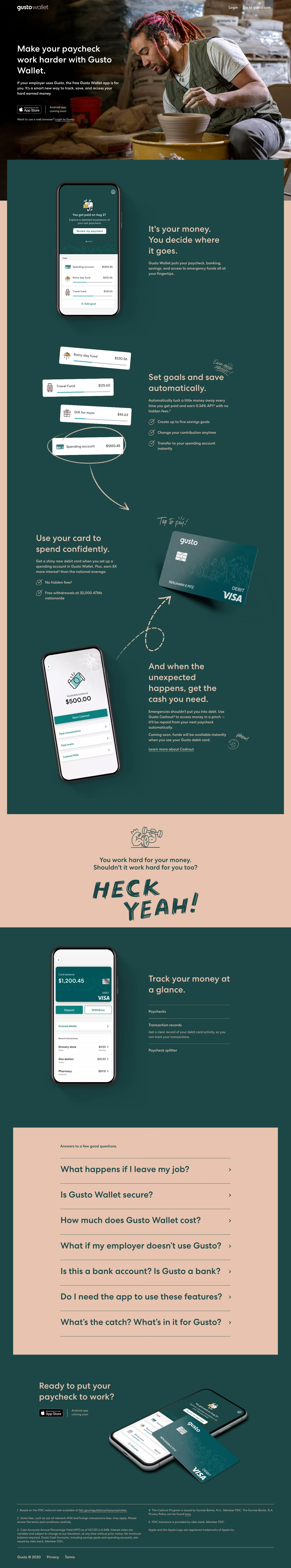 Gusto Wallet Landing Page Example: Make your paycheck work harder with Gusto Wallet. If your employer uses Gusto, the free Gusto Wallet app is for you. It’s a smart new way to track, save, and access your hard earned money.
