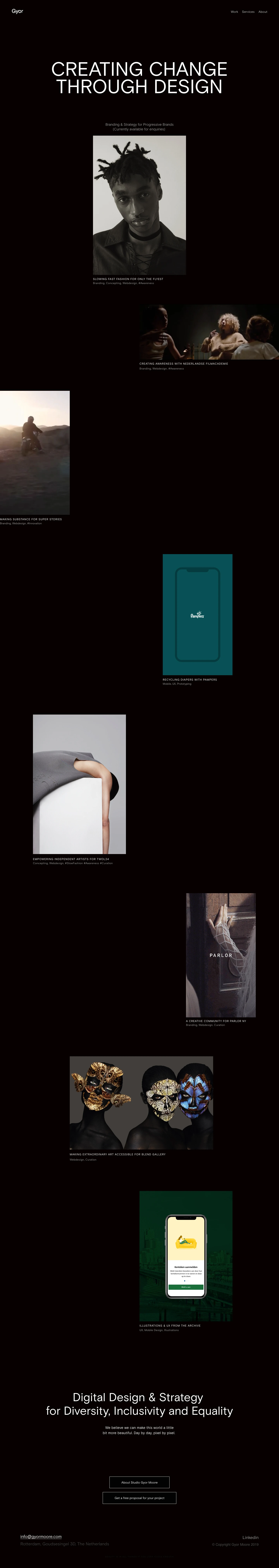 Gyor Moore Landing Page Example: Studio Gyor Moore celebrates positive change and impact through design and experiences. We help brands to stimulate values like inclusivity, diversity and equality in their identity, strategy and products.