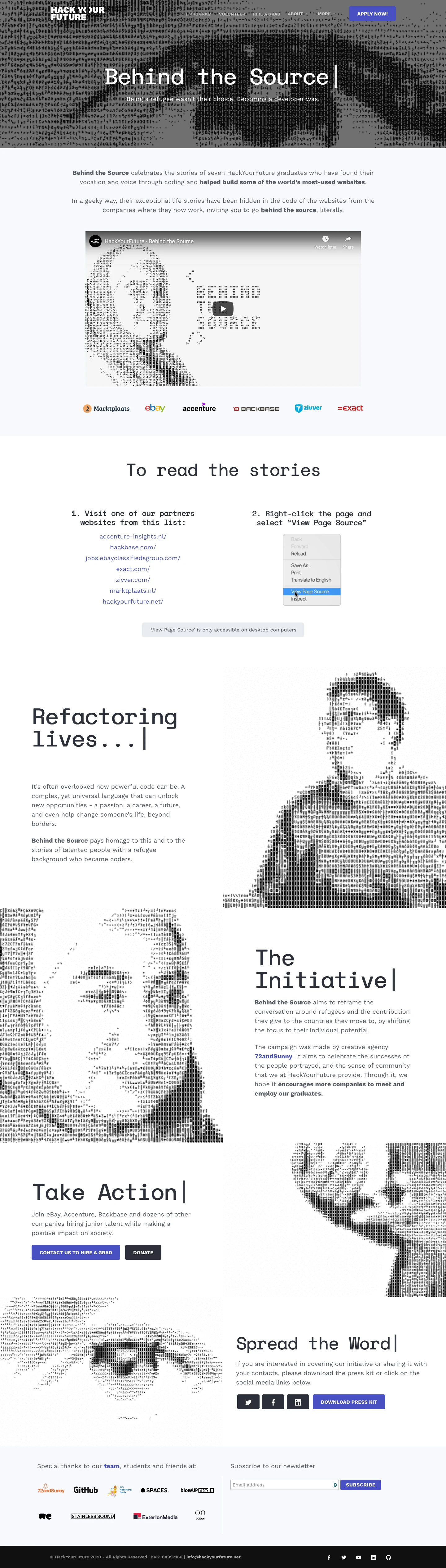 Hack Your Future Landing Page Example: HackYourFuture: Behind the Source celebrates the stories of seven HackYourFuture graduates who have found their vocation and voice through coding and helped build some of the world’s most-used websites.