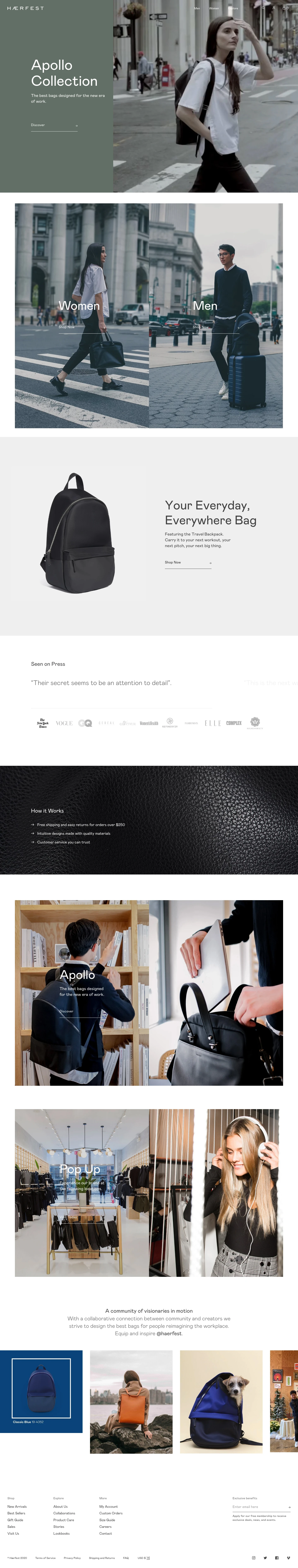 Haerfest Landing Page Example: Haerfest is an NYC based accessories brand that designs bags for people reimagining the workplace. Our mission is to equip and inspire visionaries in motion.