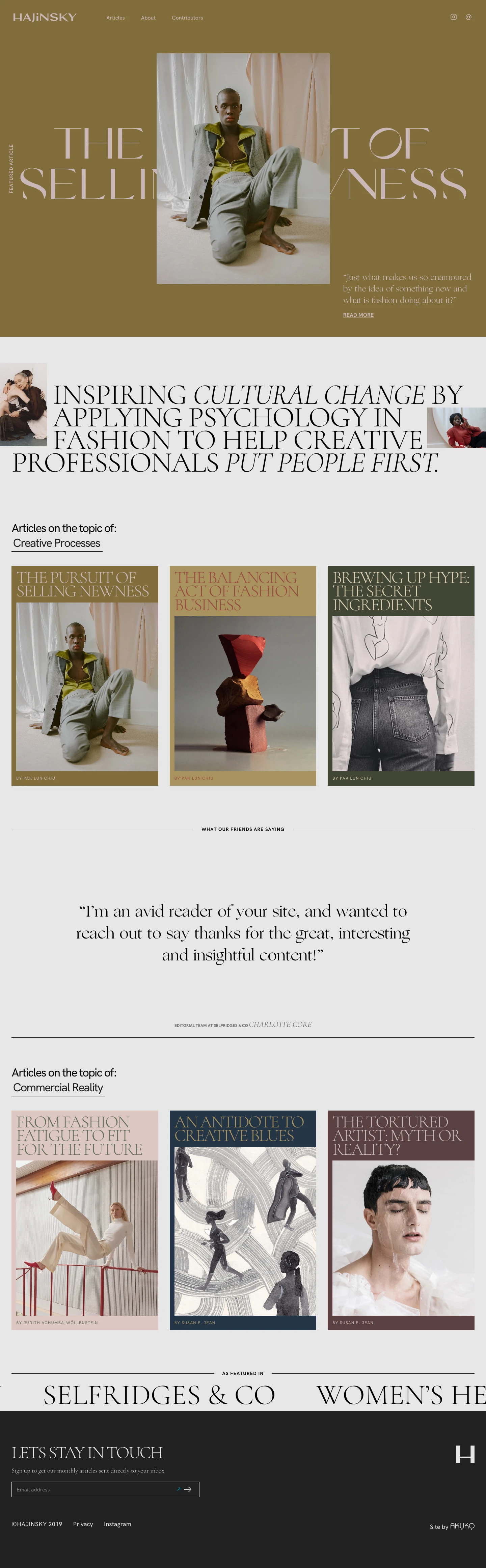 Hajinsky Landing Page Example: Hajinsky is a digital fashion psychology magazine that aims to inspire cultural change by applying psychology in fashion to help creative professionals put people first – in and through their daily practice.