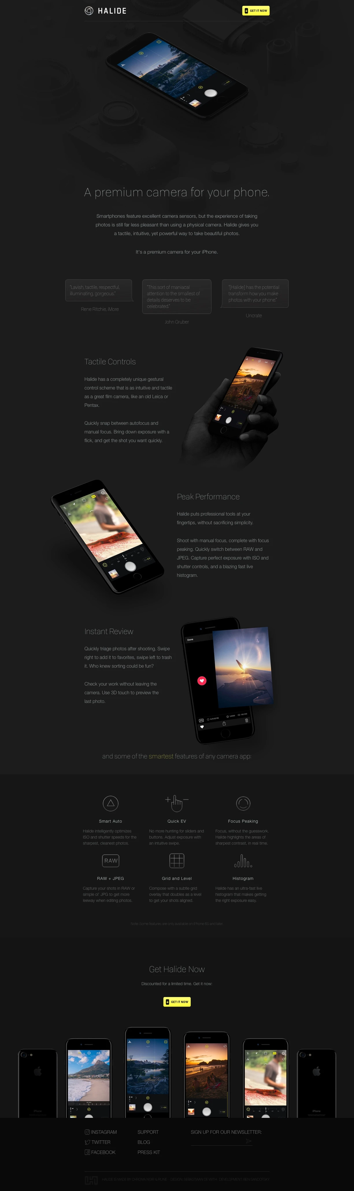 Halide Landing Page Example: Halide gives you a tactile, intuitive, yet powerful way to take beautiful photos.