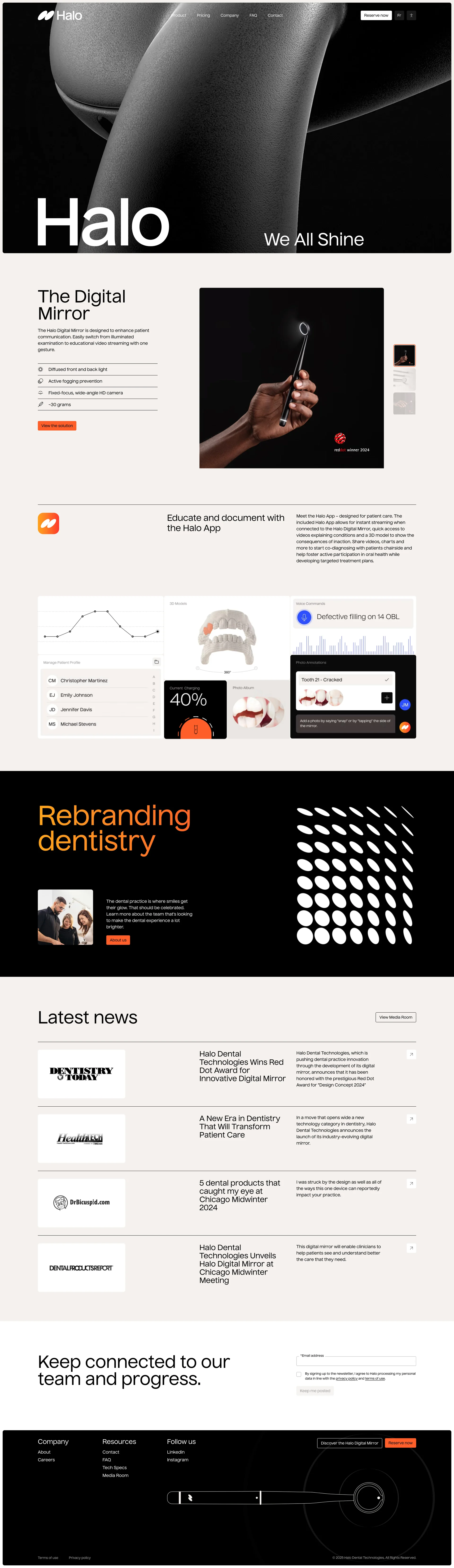 Halo Landing Page Example: The Halo Digital Mirror is a multi-use device that allows you to switch between examining and educating. Give your patients control through understanding. 