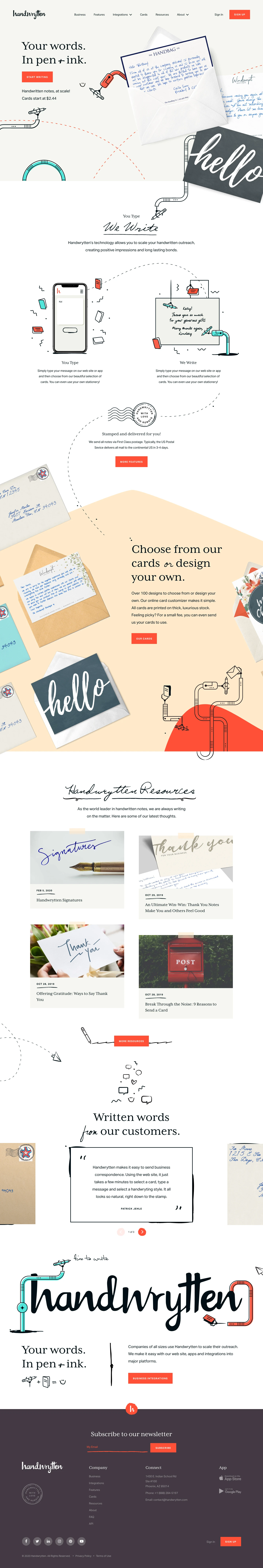 Handwrytten Landing Page Example: Handwrytten is the global leading provider of robotic handwriting services. Using our patent-pending robots, we make sending notes as easy as sending email. All notes are written in pen. Gift cards and other inserts can be included.