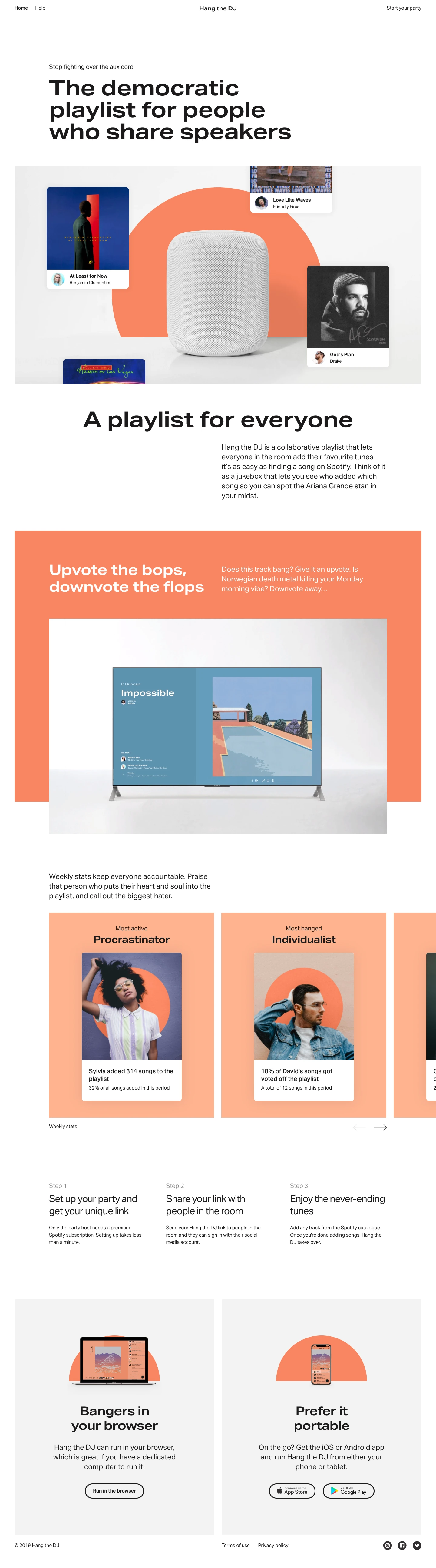 Hang the DJ Landing Page Example: Stop fighting over the aux cord. Hang the DJ is the democratic playlist for people who share speakers.