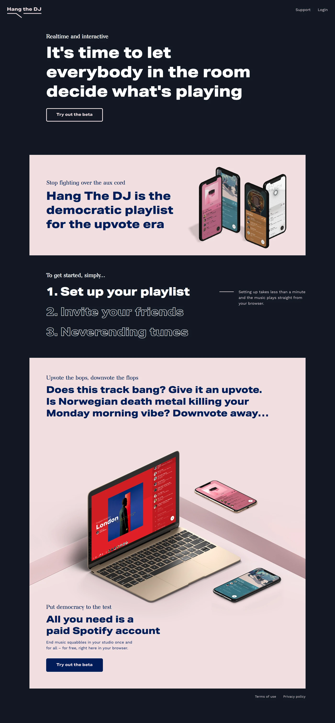 Hang the DJ Landing Page Example: Hang The DJ is the democratic playlist for the upvote era. Set up a playlist, invite your friends to join, and kick off the battle of the tunes.