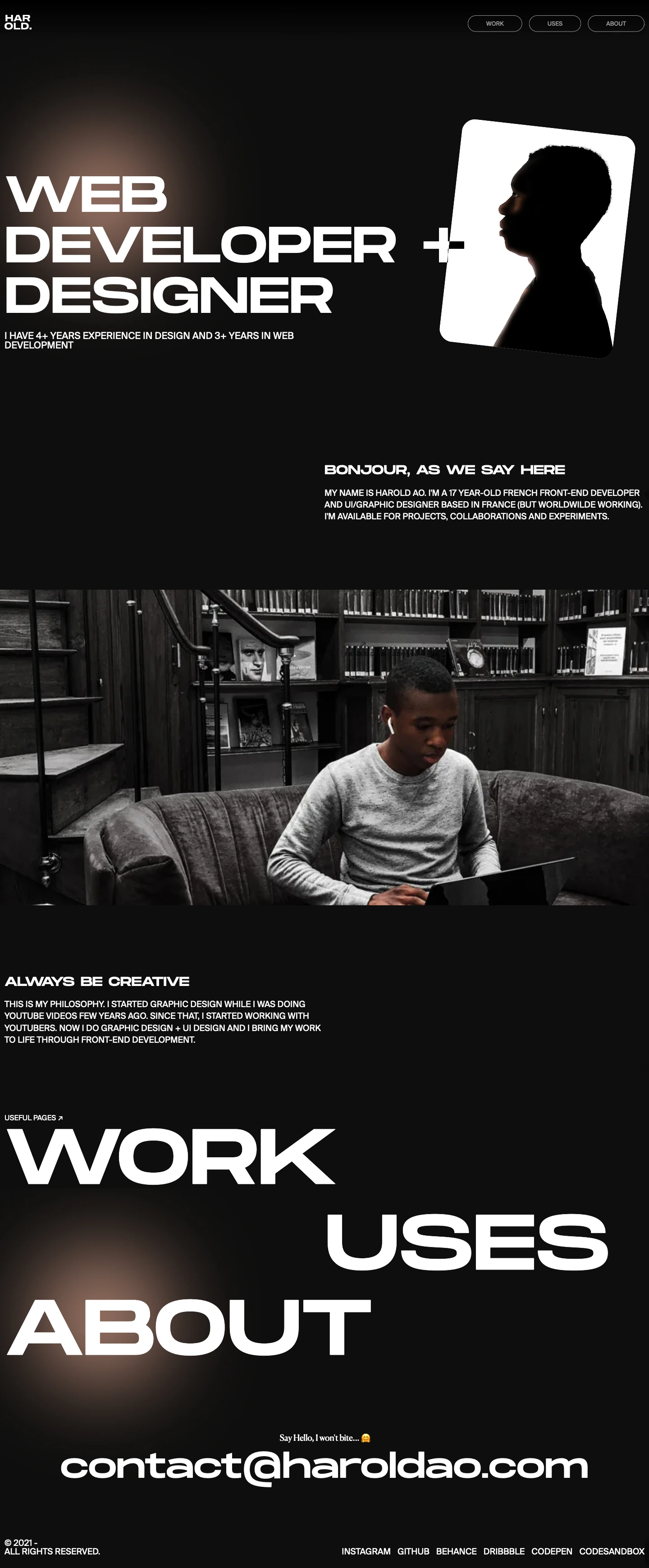 Harold AO Landing Page Example: Self taught Creative Developer & Designer.