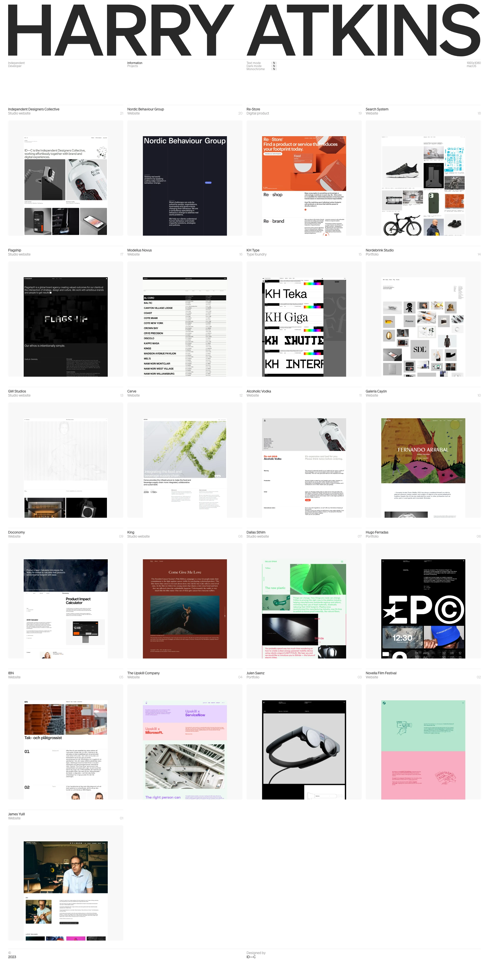 Harry Atkins Landing Page Example: I specialise in front-end development. Being independent, I work with small to large companies, startups, design studios, and creative individuals globally.
