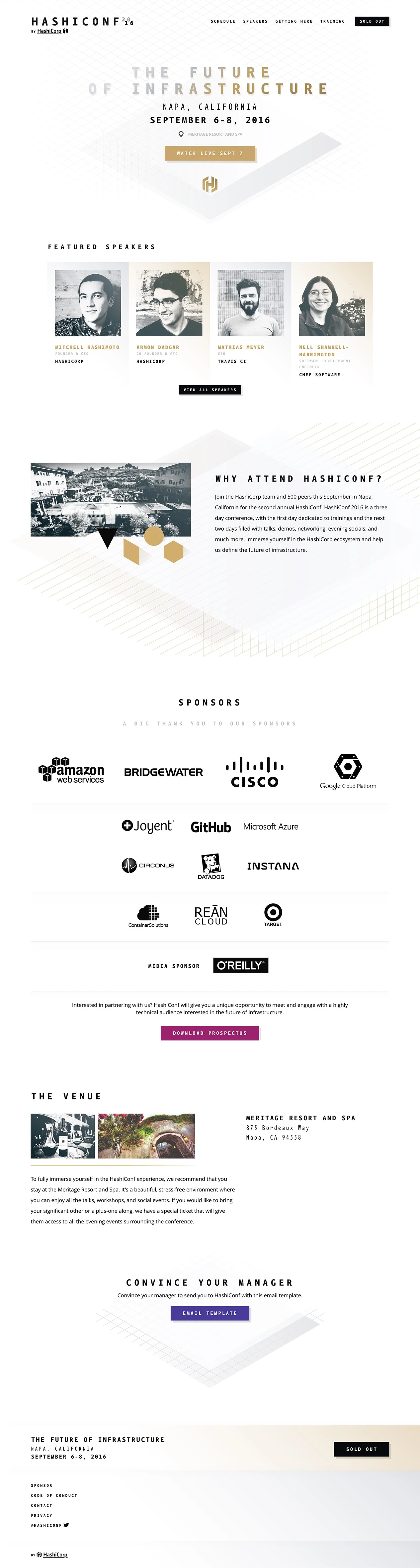 HashiConf 2016 Landing Page Example: One day of training and two days of talks to define the future of infrastructure and how to get there.