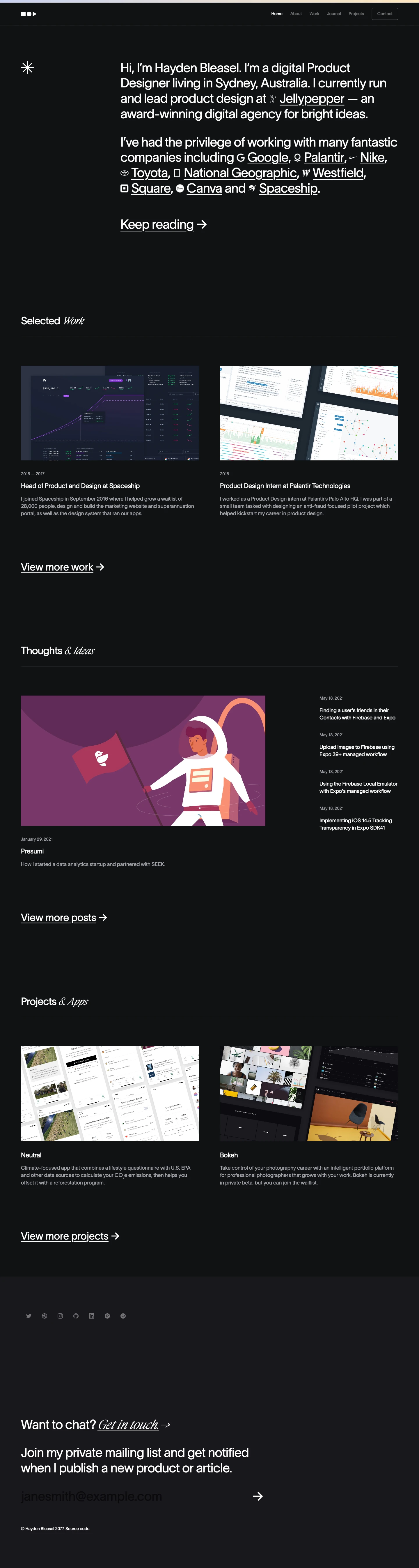Hayden Bleasel Landing Page Example: Hi, I’m Hayden Bleasel. I’m a digital Product Designer living in Sydney, Australia. I currently run and lead product design at Jellypepper — an award-winning digital agency for bright ideas.