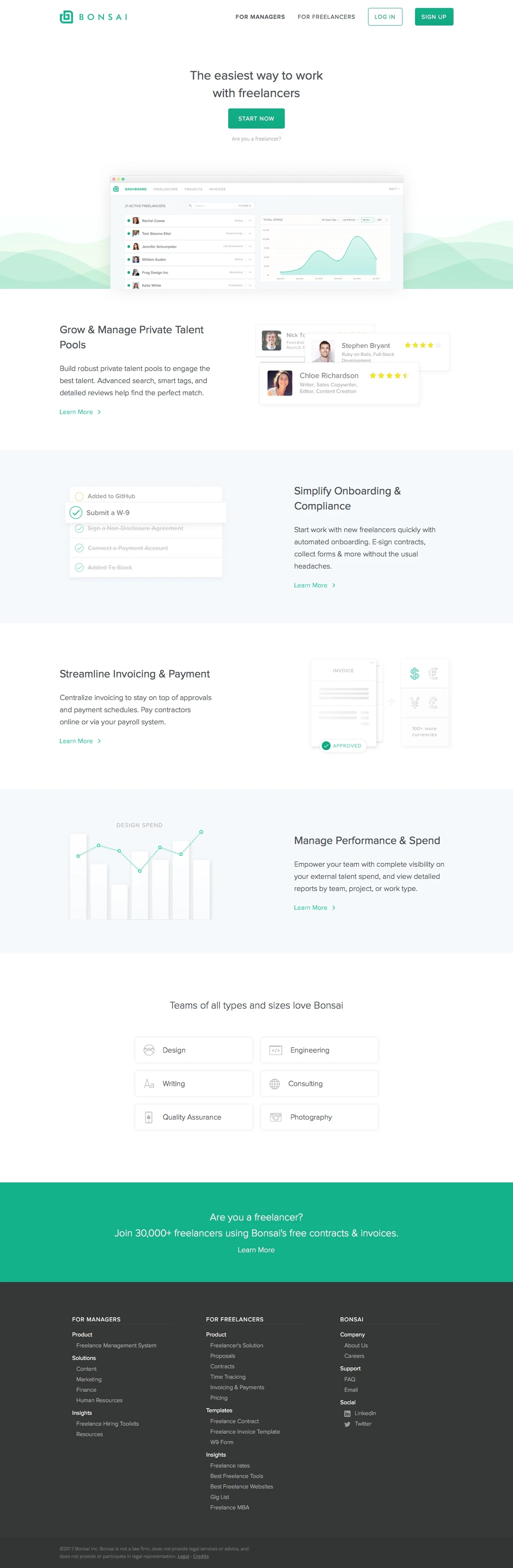 Bonsai Landing Page Example: Free bulletproof contracts, e-signing, & invoices. Get peace of mind & get on with your work.