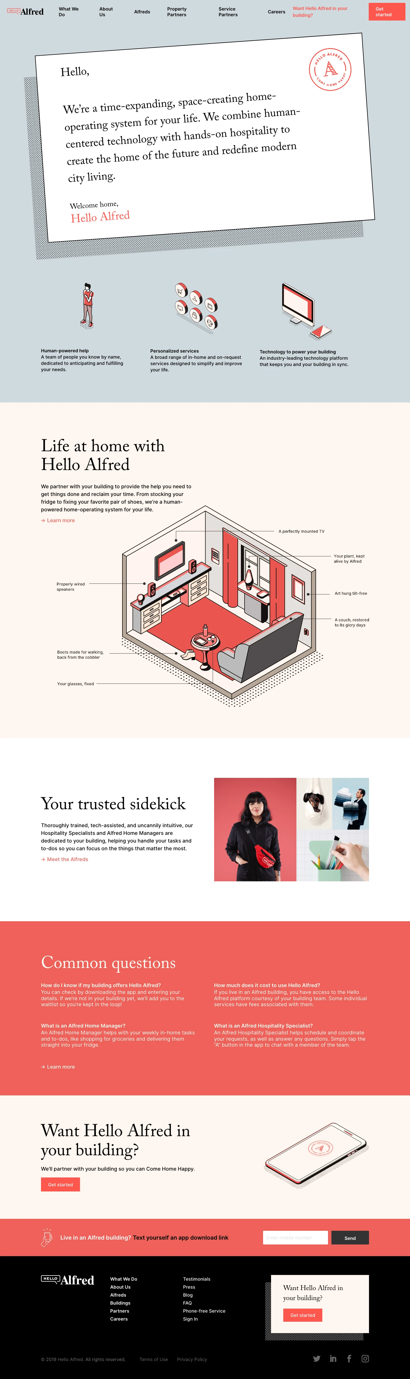 Hello Alfred Landing Page Example: We’re a time-expanding, space-creating home-operating system for your life. We combine human-centered technology with hands-on hospitality to create the home of the future and redefine modern city living.