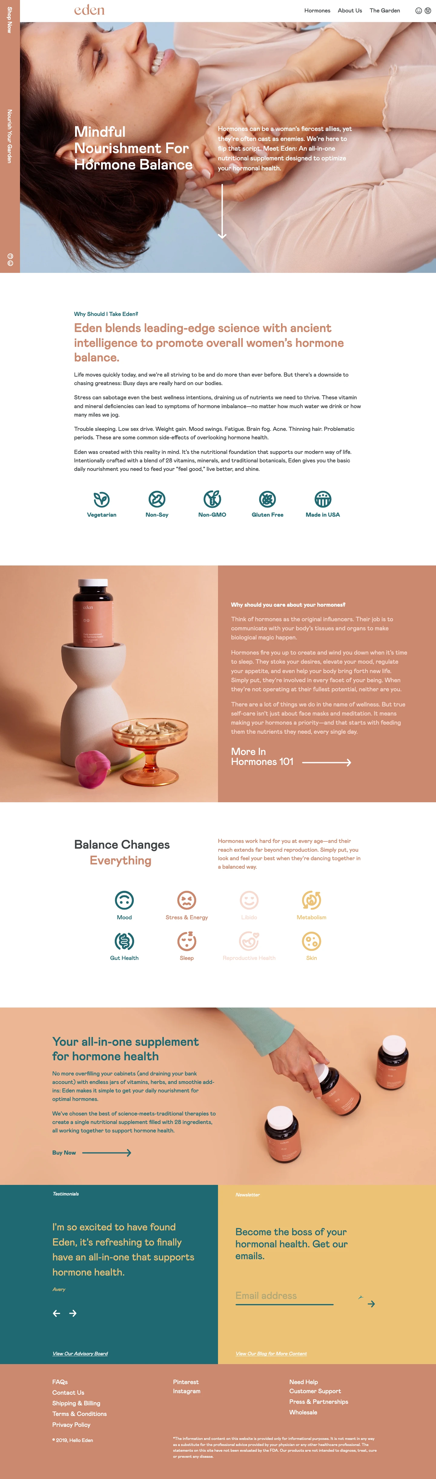 Hello Eden Landing Page Example: Hormones can be a woman’s fiercest allies, yet they’re often cast as enemies. We’re here to flip that script. Meet Eden: An all-in-one nutritional supplement designed to optimize your hormonal health.