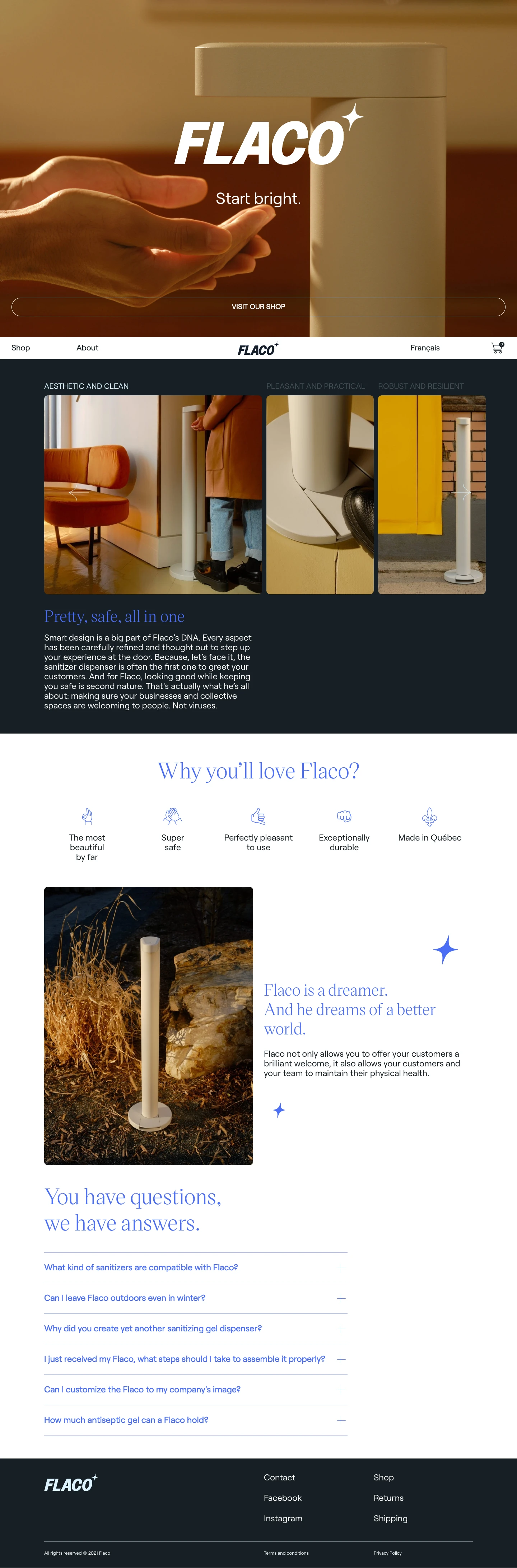 Flaco Landing Page Example: Discover Flaco, durable, design and locally made. Offer a bright start to your customers with this hand sanitizer dispenser
