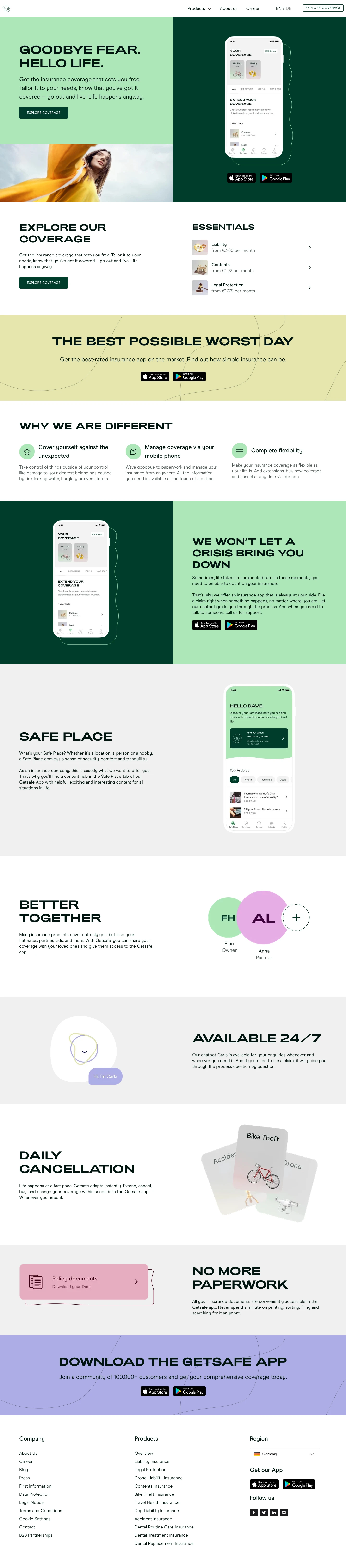 Getsafe Landing Page Example: Get the insurance coverage that sets you free. Tailor it to your needs, know that you’ve got it covered – go out and live. Life happens anyway.