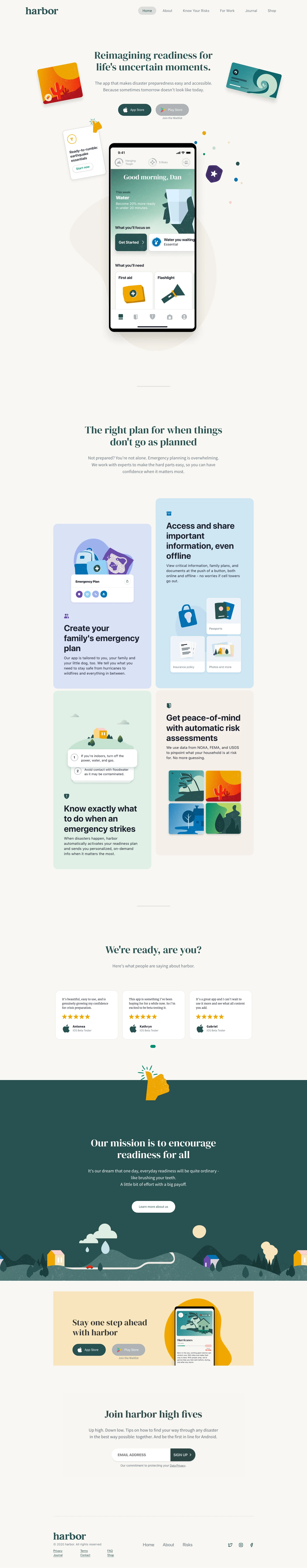hello harbor Landing Page Example: Not prepared? You're not alone. We work with experts to make the hard part of preparing for disasters easy, so you can be confident when it matters the most.
