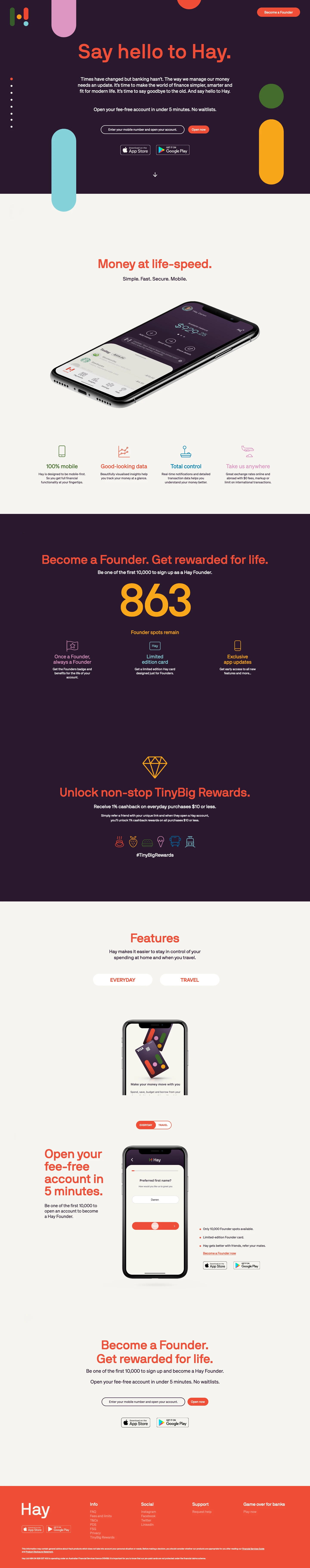 Hello Hay Landing Page Example: Hay makes it easier to stay in control of your spending at home and when you travel. Simple. Fast. Secure. Mobile.