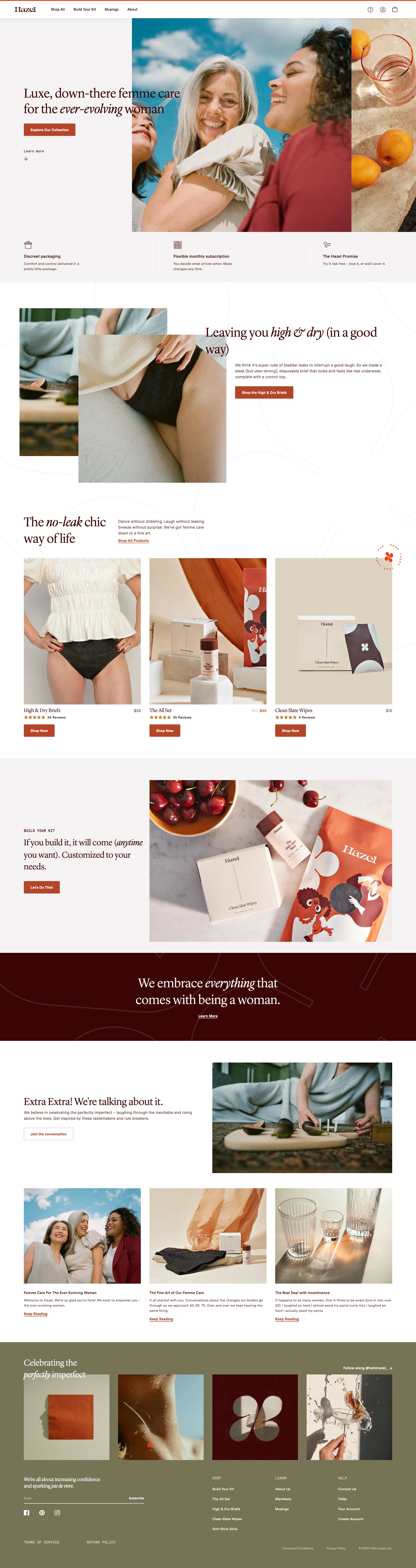 Hazel Landing Page Example: Luxe femme care for the ever-evolving woman. Our little luxuries make living your best life a whole lot easier.