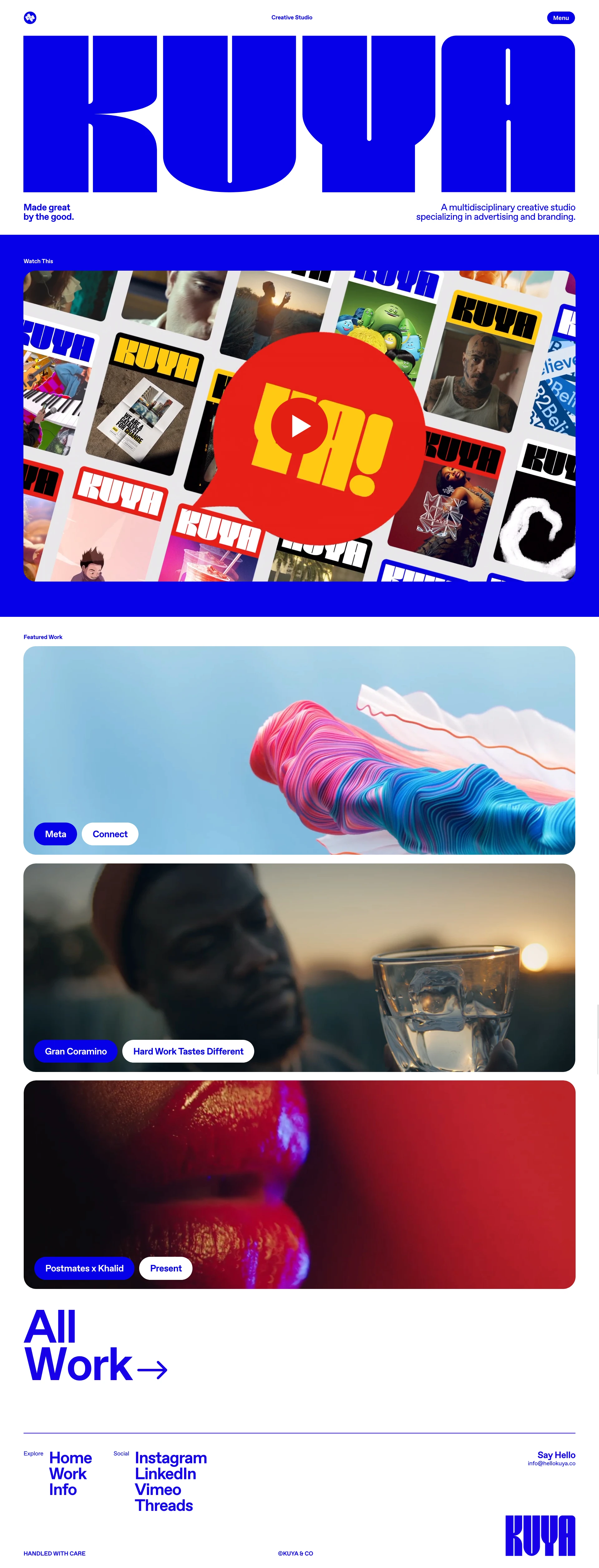 KUYA Landing Page Example: Founded on equal parts curiosity, craft, and an unbridled love for everything we do — KUYA is a multidisciplinary creative studio specializing in advertising and brand identity.