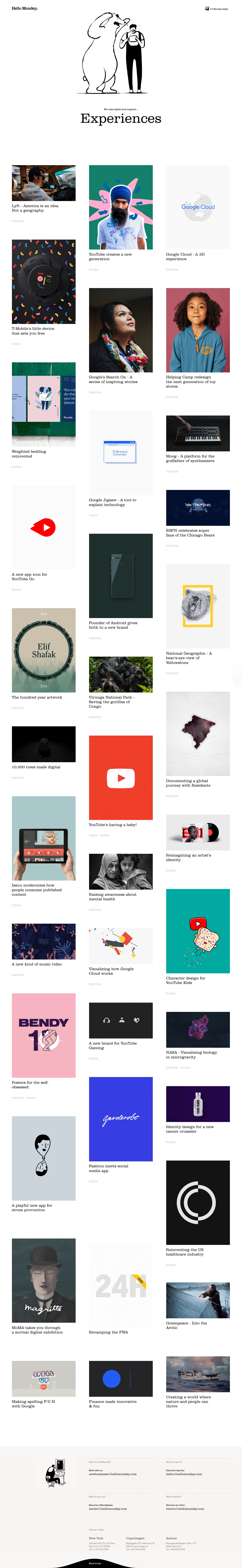 Hello Monday Landing Page Example: Hello Monday is a creative studio in New York, Copenhagen, and Aarhus that handcrafts digital (and magical) products, brands, and experiences.