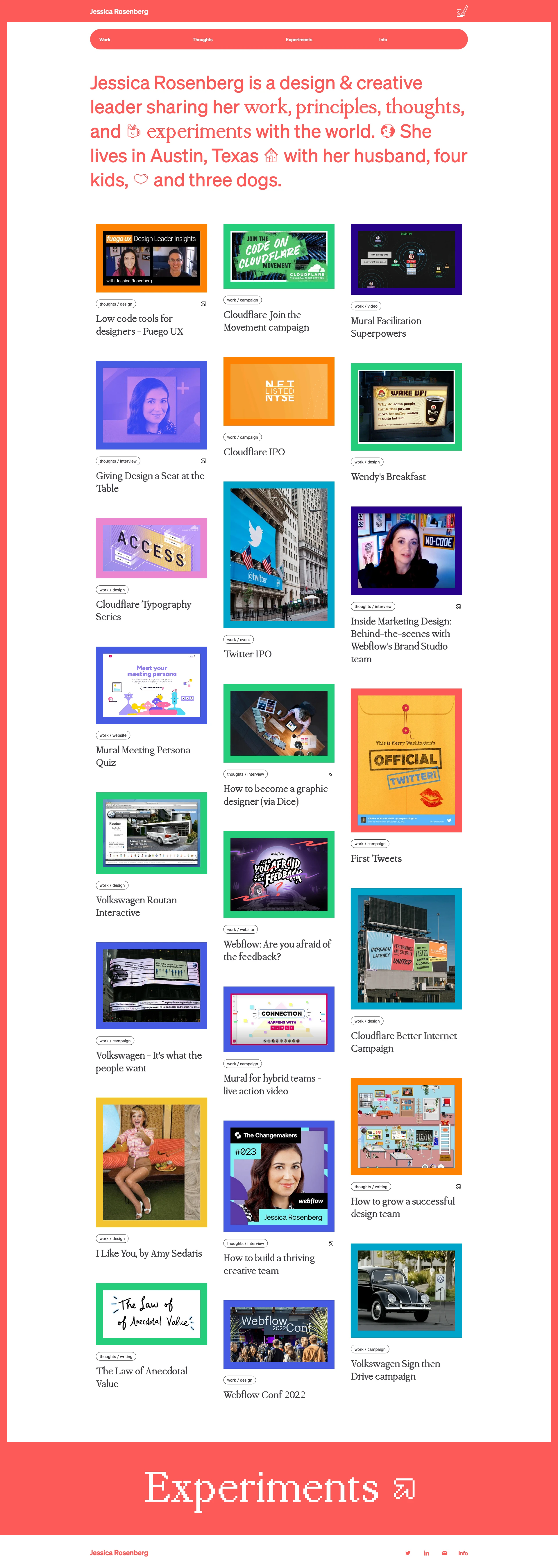 Jessica Rosenberg Landing Page Example: Jessica Rosenberg is a design & creative leader sharing her work, principles, thoughts, and experiments with the world.