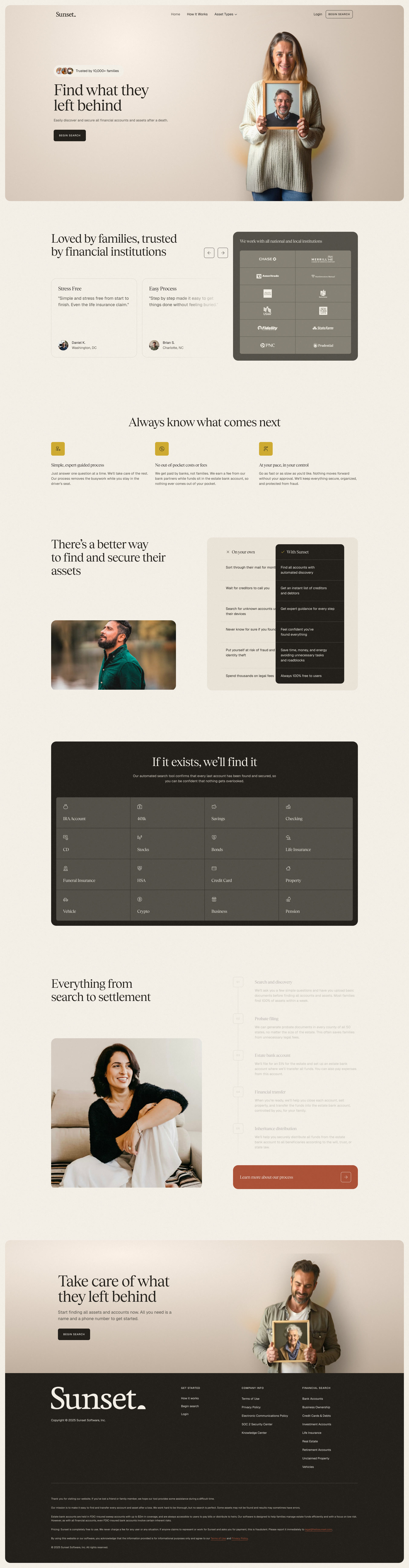 Sunset Landing Page Example: Find what they left behind. Easily discover and secure all financial accounts and assets after a death.