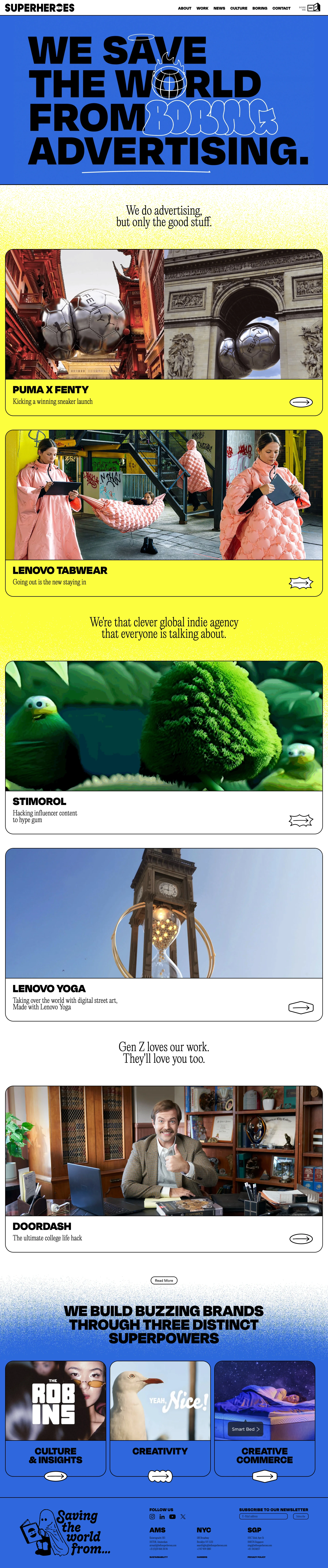SuperHeroes Landing Page Example: Saving the world from boring advertising. We do advertising, but only the good stuff. SuperHeroes helps a broad range of iconic brands grab attention.