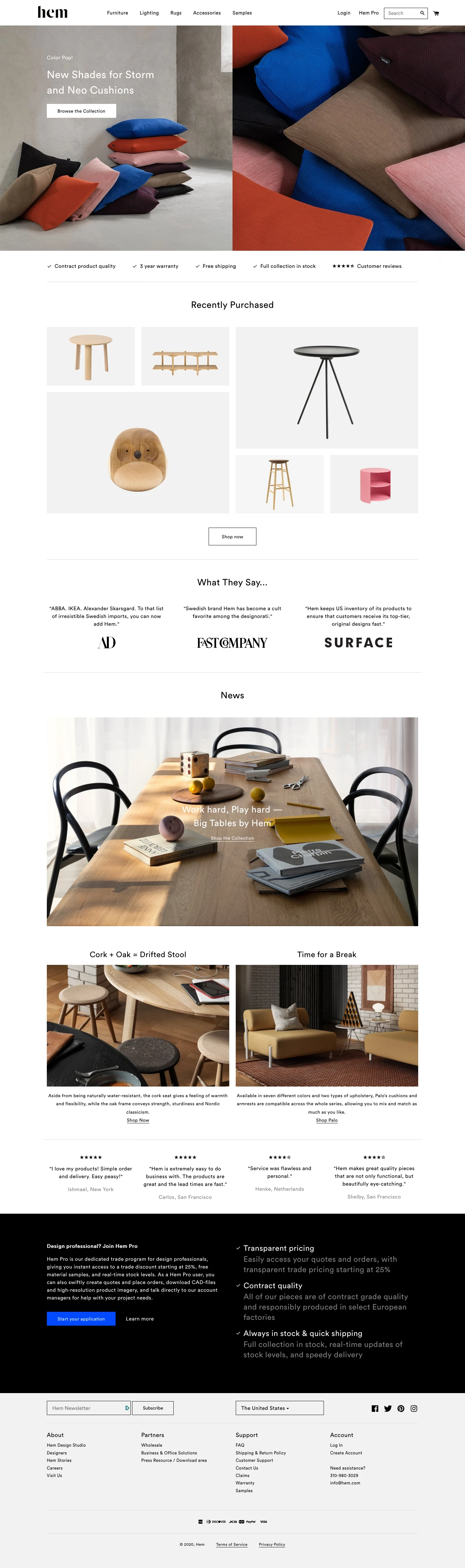 Hem Landing Page Example: Together with the most engaging designers of today; We create original products of high quality, at great prices.
