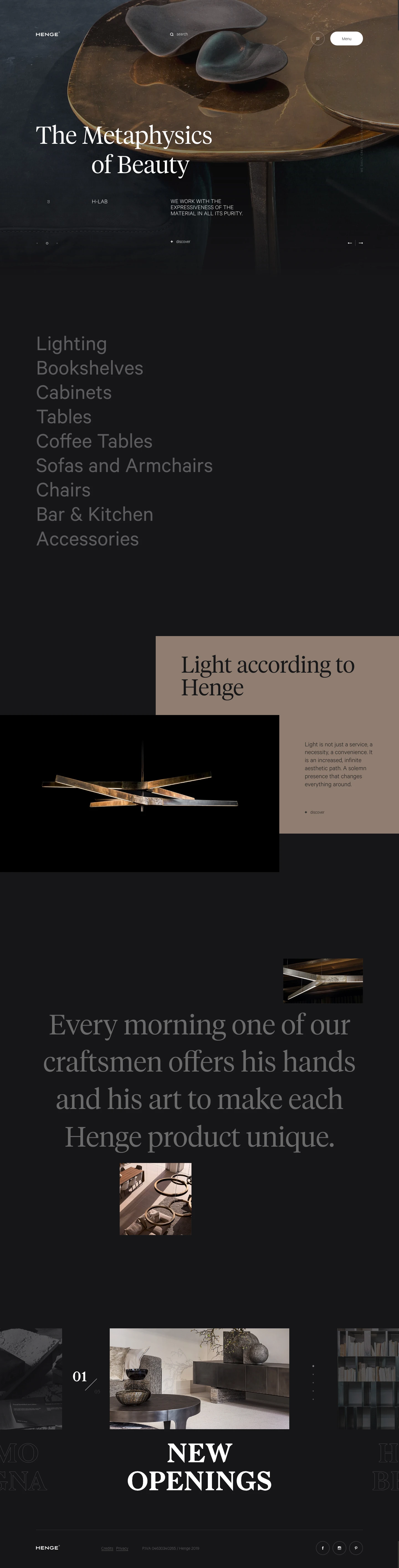 Henge Landing Page Example: High-end Italian handcrafted furnishings company. Every morning one of our craftsmen offers his hands and his art to make each Henge product unique.