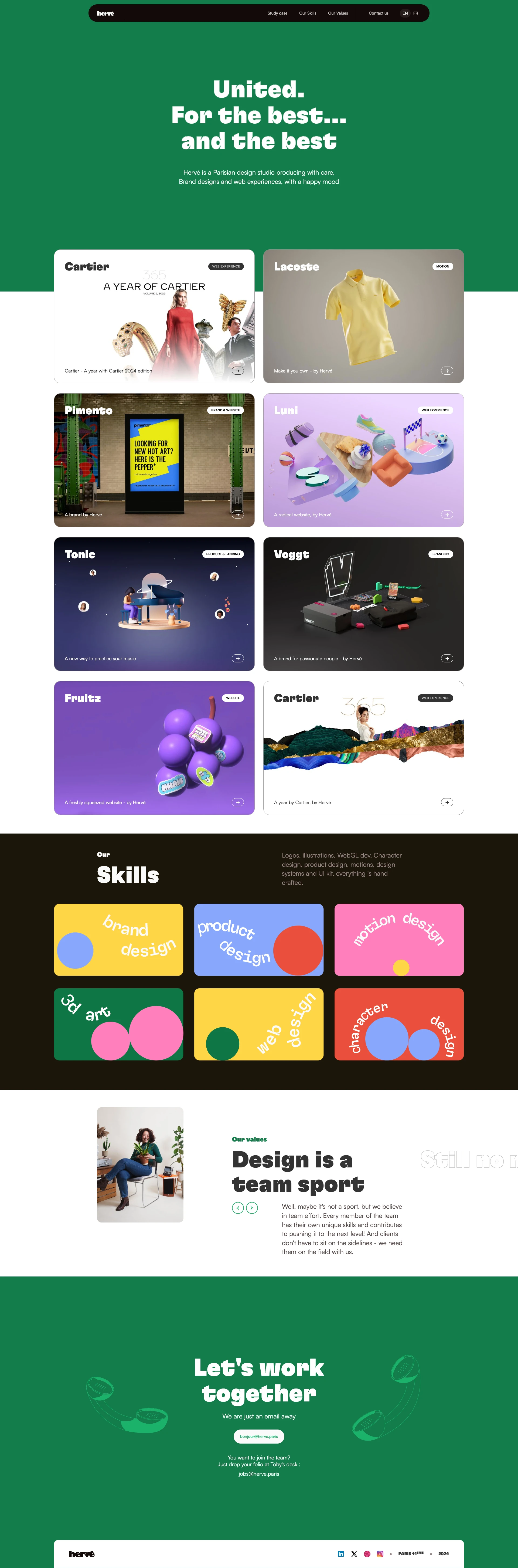 Herve Landing Page Example: Hervé is a Parisian design studio producing with care, Brand designs and web experiences, with a happy mood !