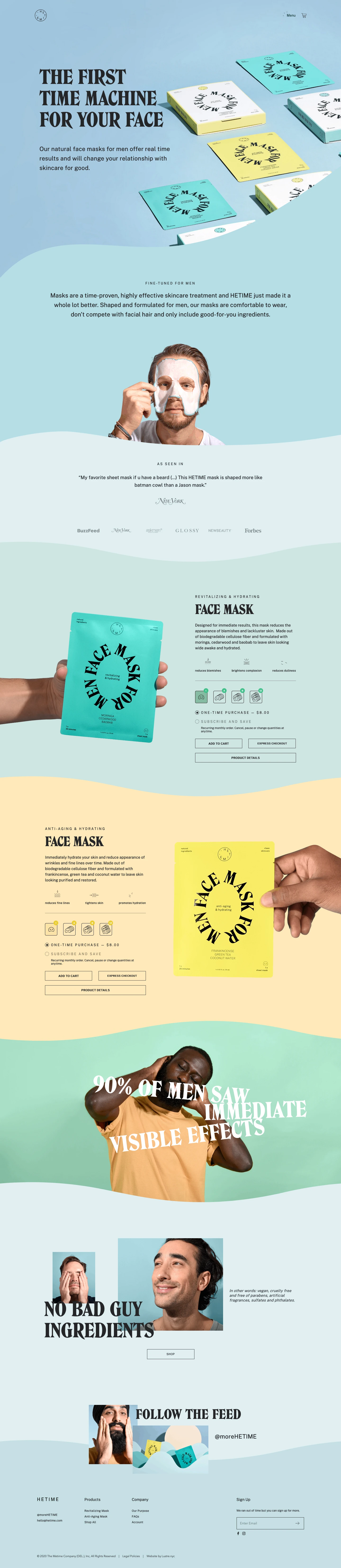HETIME Landing Page Example: The first time machine for your face. Our natural face masks for men offer real time results and will change your relationship with skincare for good.