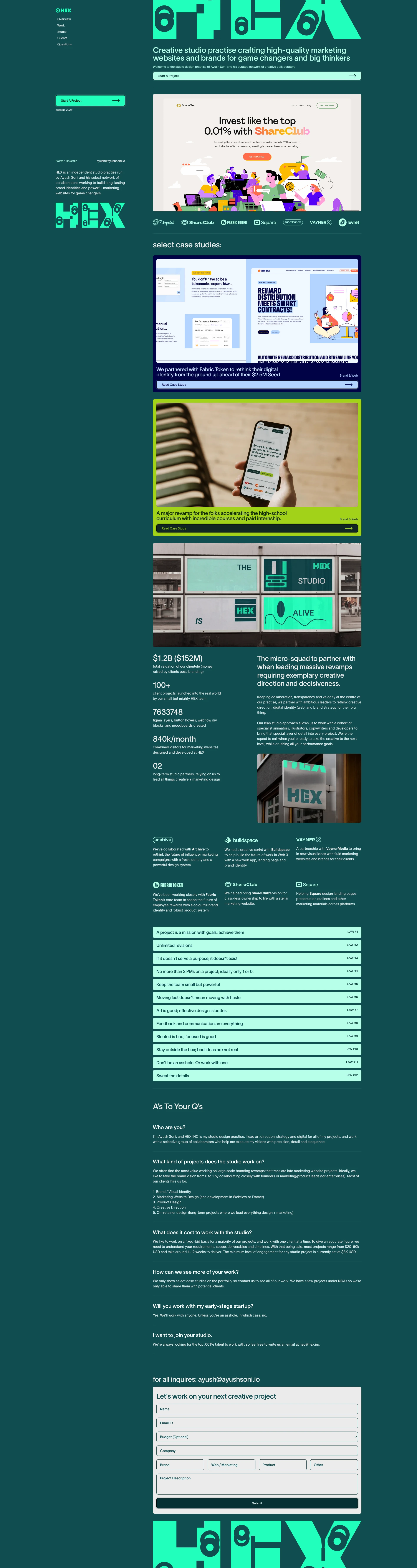 HEX Landing Page Example: HEX is an independent studio practise run by Ayush Soni and his select network of collaborations working to build long-lasting brand identities and powerful marketing websites for game changers.