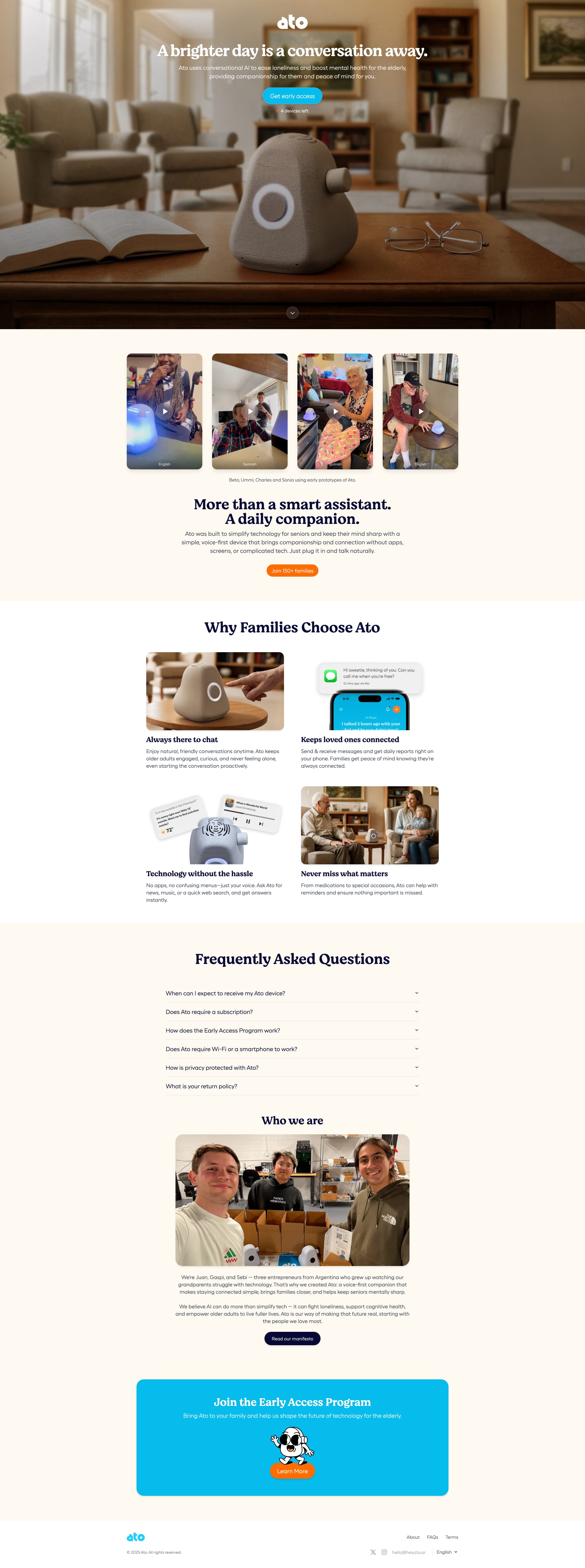 Heyato Landing Page Example: Ato is a voice-first AI companion designed for seniors. No screens, no apps—just natural conversation to reduce loneliness, manage reminders, and give families peace of mind.
