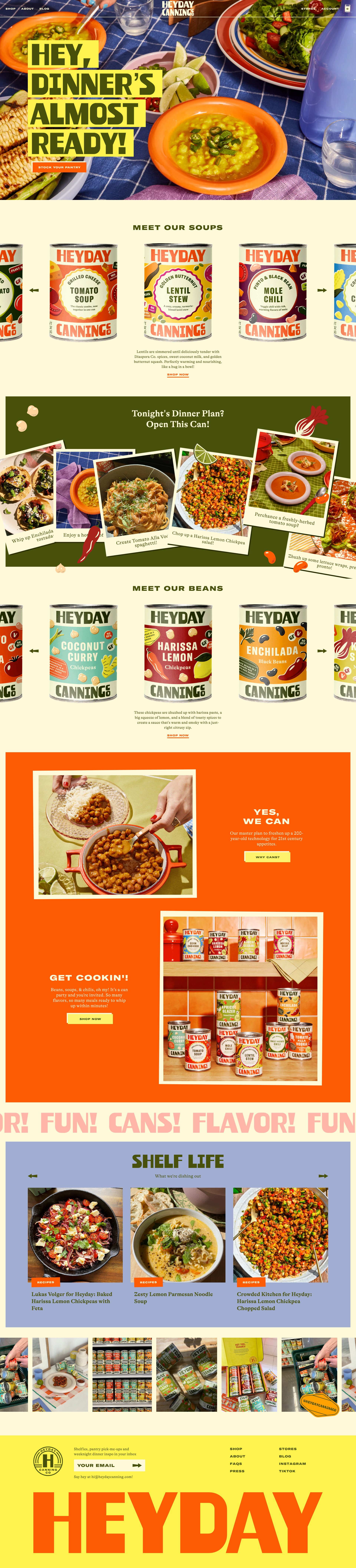 Heyday Canning Landing Page Example: Create flavor-packed meals presto pronto with our line of canned (but never bland) beans. Why the can? Cans are magic.