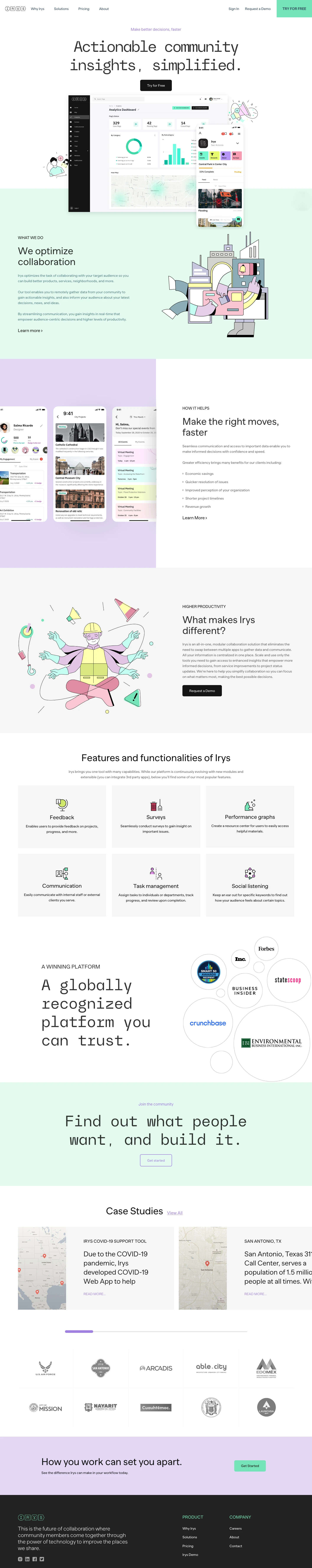 Irys Landing Page Example: Irys optimizes the task of collaborating with your target audience so you can build better products, services, neighborhoods, and more.