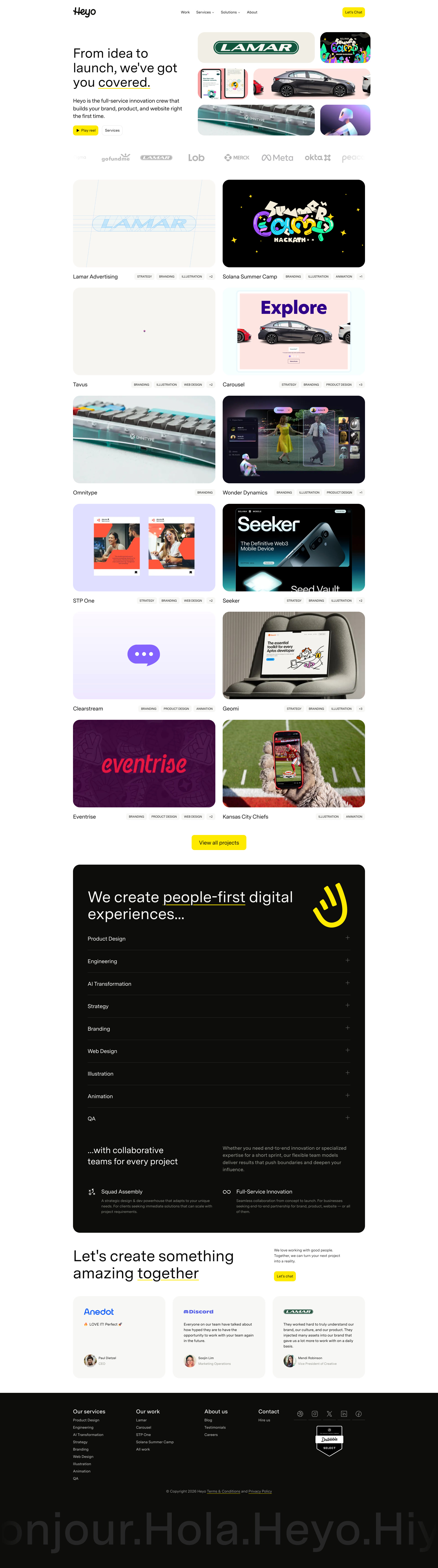 Heyo Landing Page Example: We're creators of people first digital experiences. Working with companies like Adobe, Figma, Merck, Discord, Solana, Lamar, Stellar, Facebook/Meta and more.