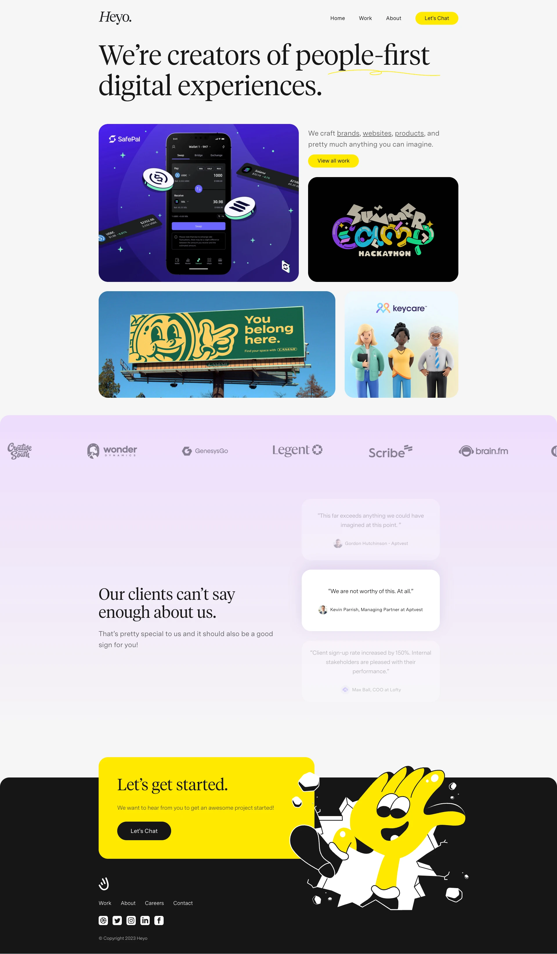 Heyo Landing Page Example: We’re creators of people first digital experiences. Working with companies like Adobe, Figma, Merck, Discord, Solana, Lamar, Stellar, Facebook/Meta and more.