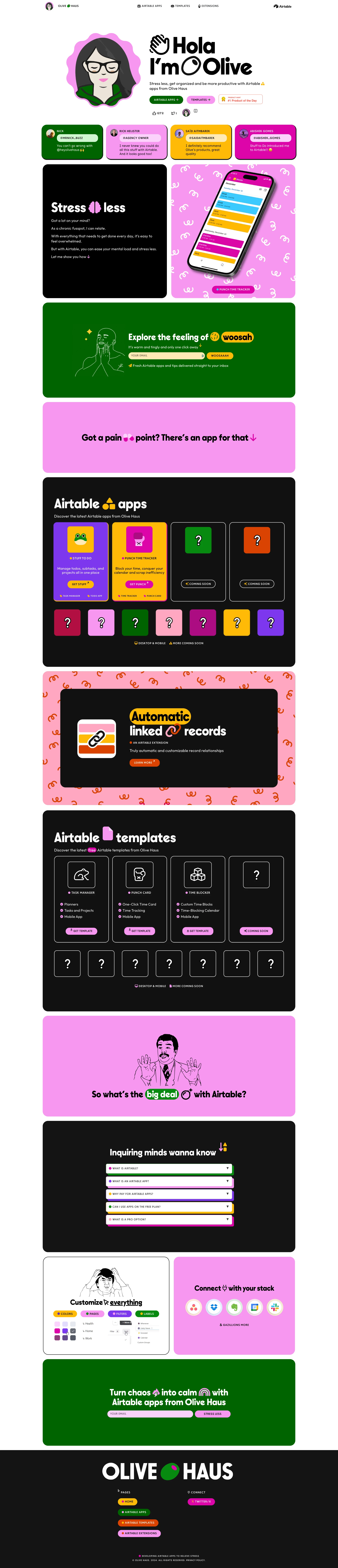 Olive Haus Landing Page Example: Stress less, get organized and be more productive with Airtable apps from Olive Haus. The best Airtable Templates & Airtable Apps to enhance your productivity and keep your personal and professional life organized. Our simple designs are perfect for both work and personal use.