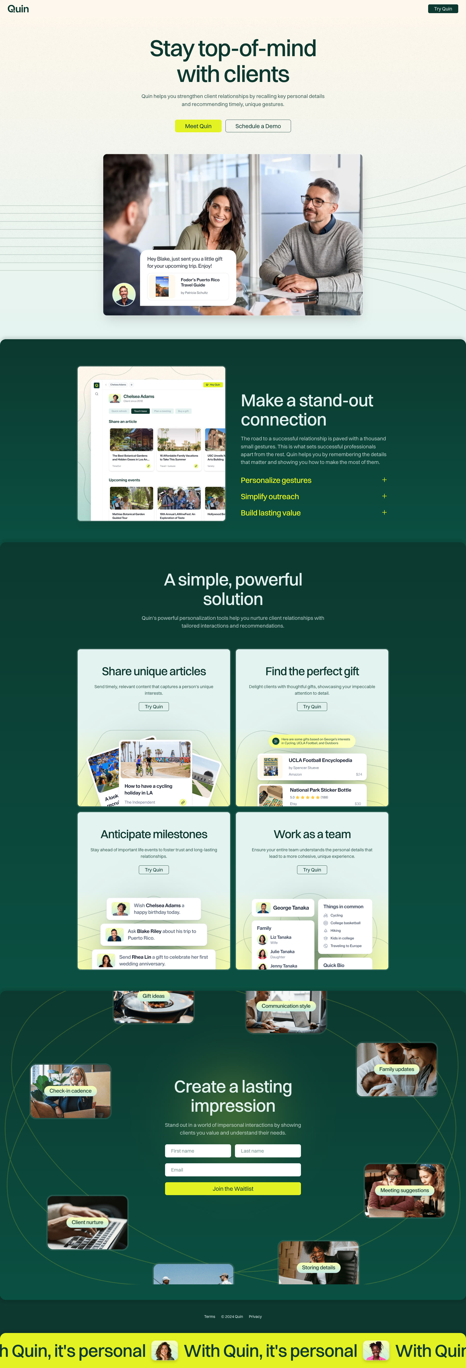 Quin Landing Page Example: Stay top-of-mind with clients. Quin remembers personal details and drafts tailored messages, helping you stay top-of-mind with your key relationships.