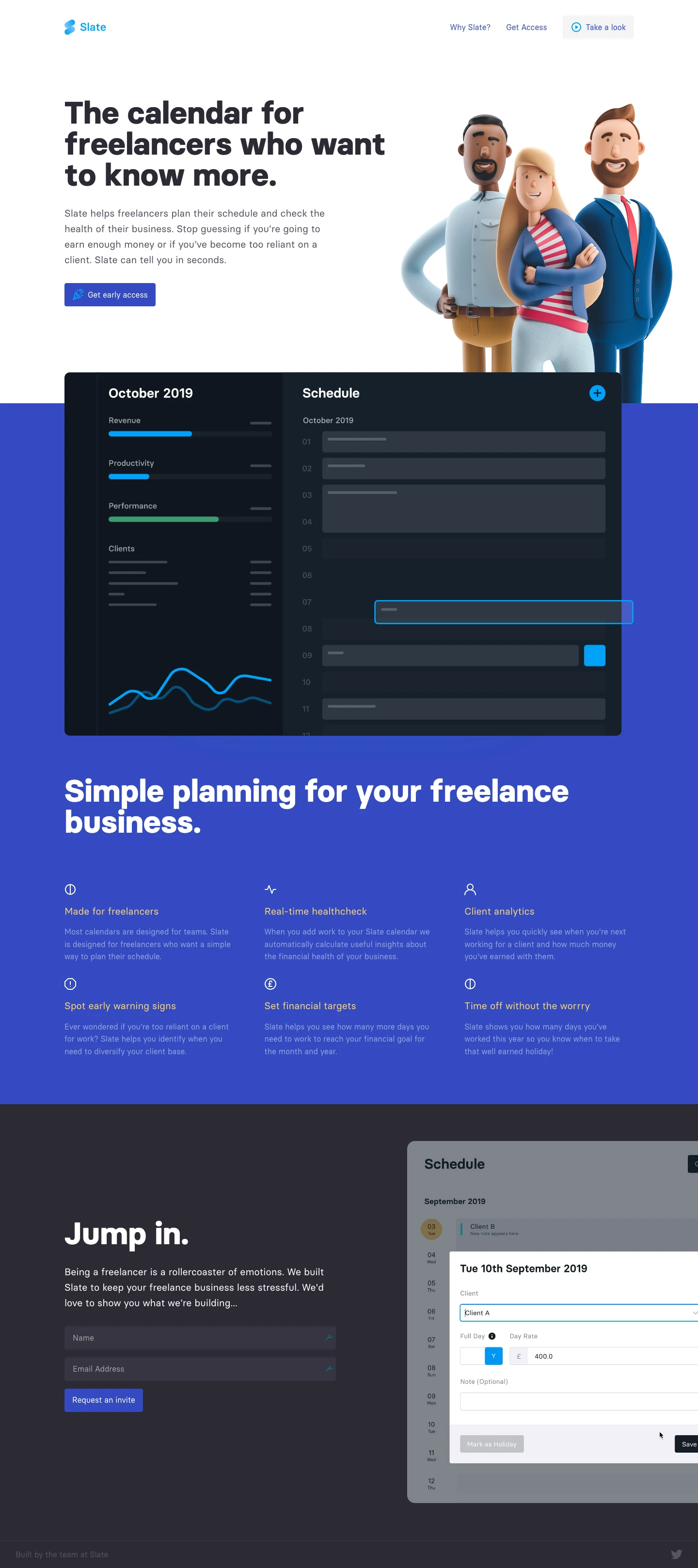 Slate Landing Page Example: Slate helps freelancers manage their work schedule and check the health of their business in seconds.