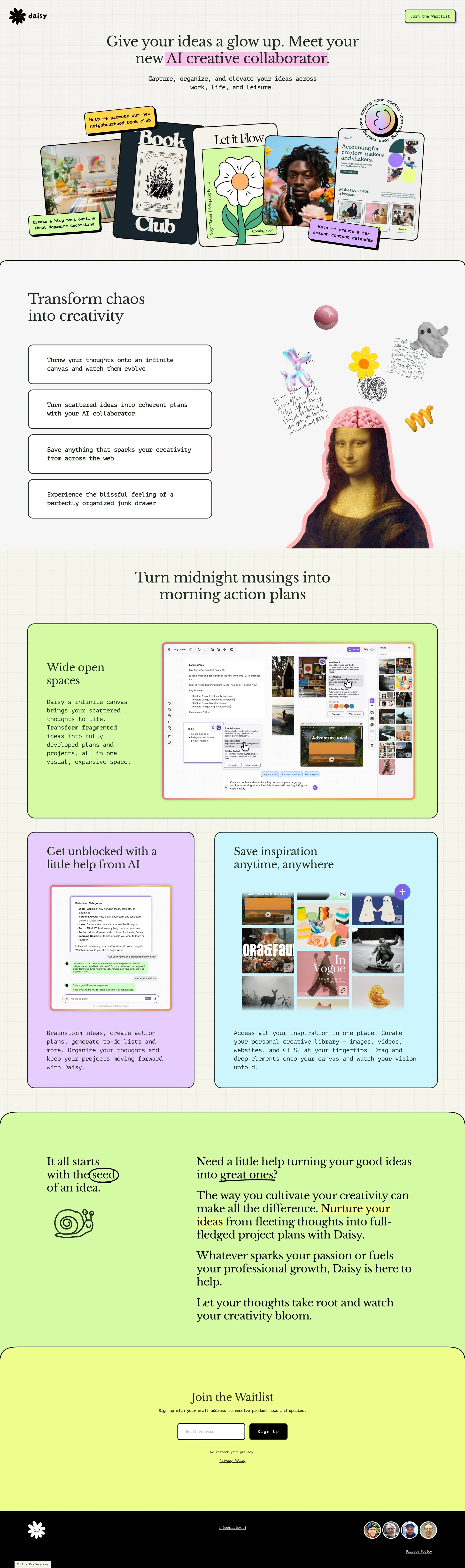 Daisy AI Landing Page Example: It all starts with the seed of an idea. Capture, organize, and elevate your ideas across work, life, and leisure, with Daisy AI. Let your thoughts take root and watch your creativity bloom.