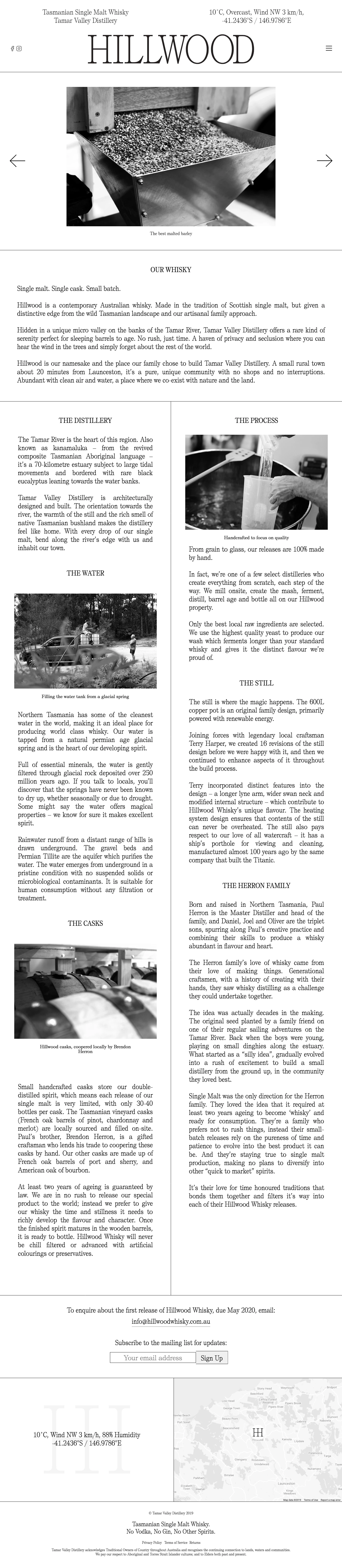Hillwood Whisky Landing Page Example: Tasmanian Single Malt Whisky. No Vodka, No Gin, No Other Spirits.