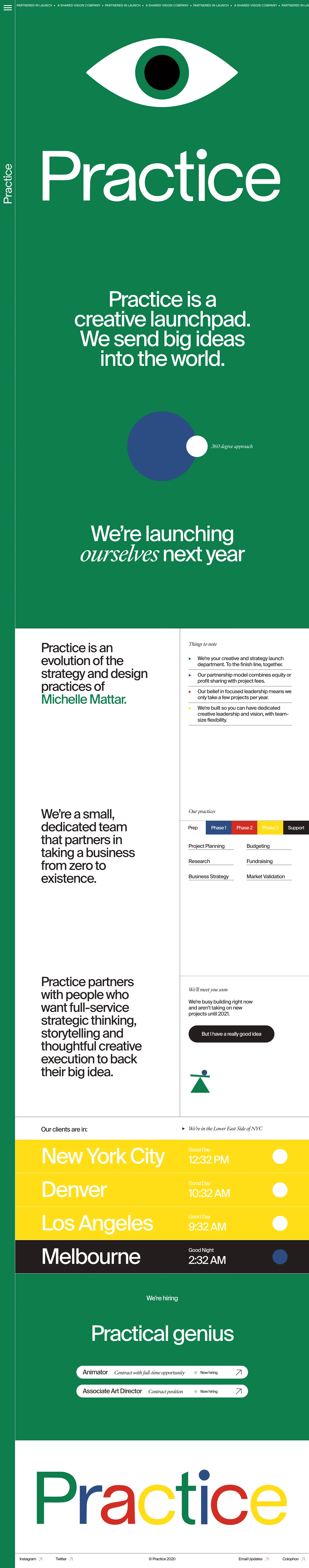 Practice Landing Page Example: A strategic and creative launch department. We send big ideas into the world. We're launching ourselves next year.